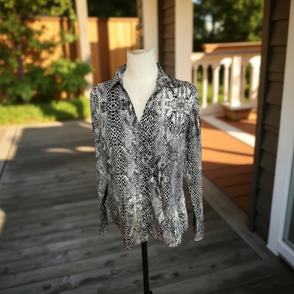 Calvin Klein Snakeskin shirt size LG black white button down long sleeve cotton - Picture 14 of 16